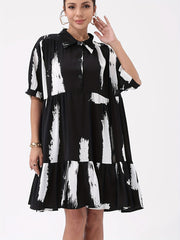 Casual Dress Women's Plus Brush Print Polo Neck Smock Dress