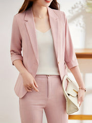 Solid Button Front Blazer Lapel Long Sleeve Blazer for Office & Work