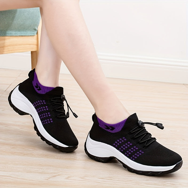 Women's Lace Up Flying Woven Walking Shoes Non Slip Chunky Sneakers