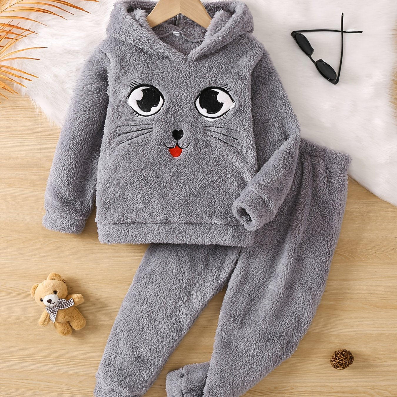 Girls Cartoon Fleece Hooded Sweatshirt & Pants Set