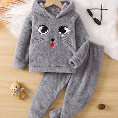 Girls Cartoon Fleece Hooded Sweatshirt & Pants Set