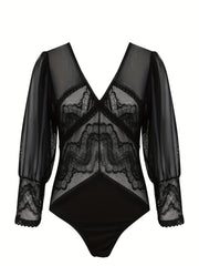 Floral Jacquard Mesh V Neck Semi Sheer Bodysuit