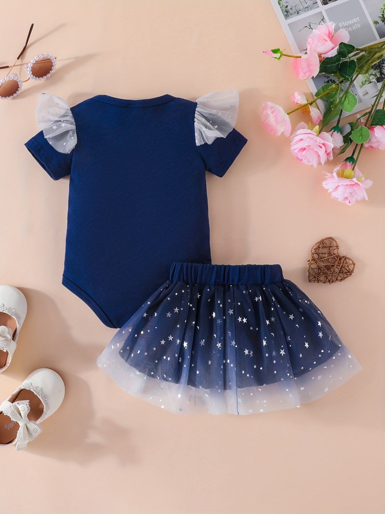 2pcs Baby Girls Casual Flying Short Sleeve Onesie Mesh Skirt