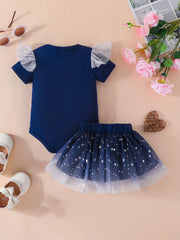 2pcs Baby Girls Casual Flying Short Sleeve Onesie Mesh Skirt