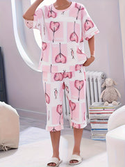 Heart Print Pajamas Set Crew Neck Top & Crop Pants Women's Sleepwear