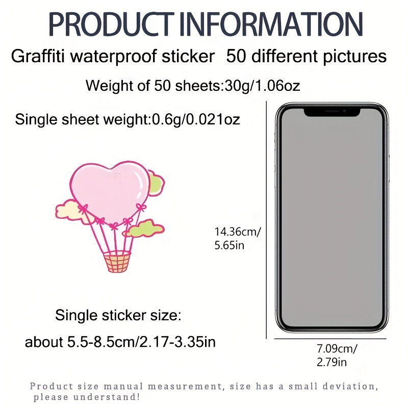 50pcs Hot Air Balloon Doodle Stickers Girl Style PVC Stickers Waterproof