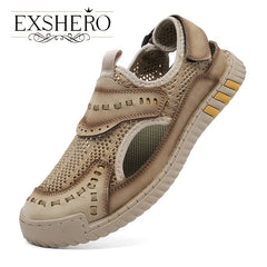 EXSHERO Men's Leather Sandals Durable Outdoor Hiking Beach Water Shoes