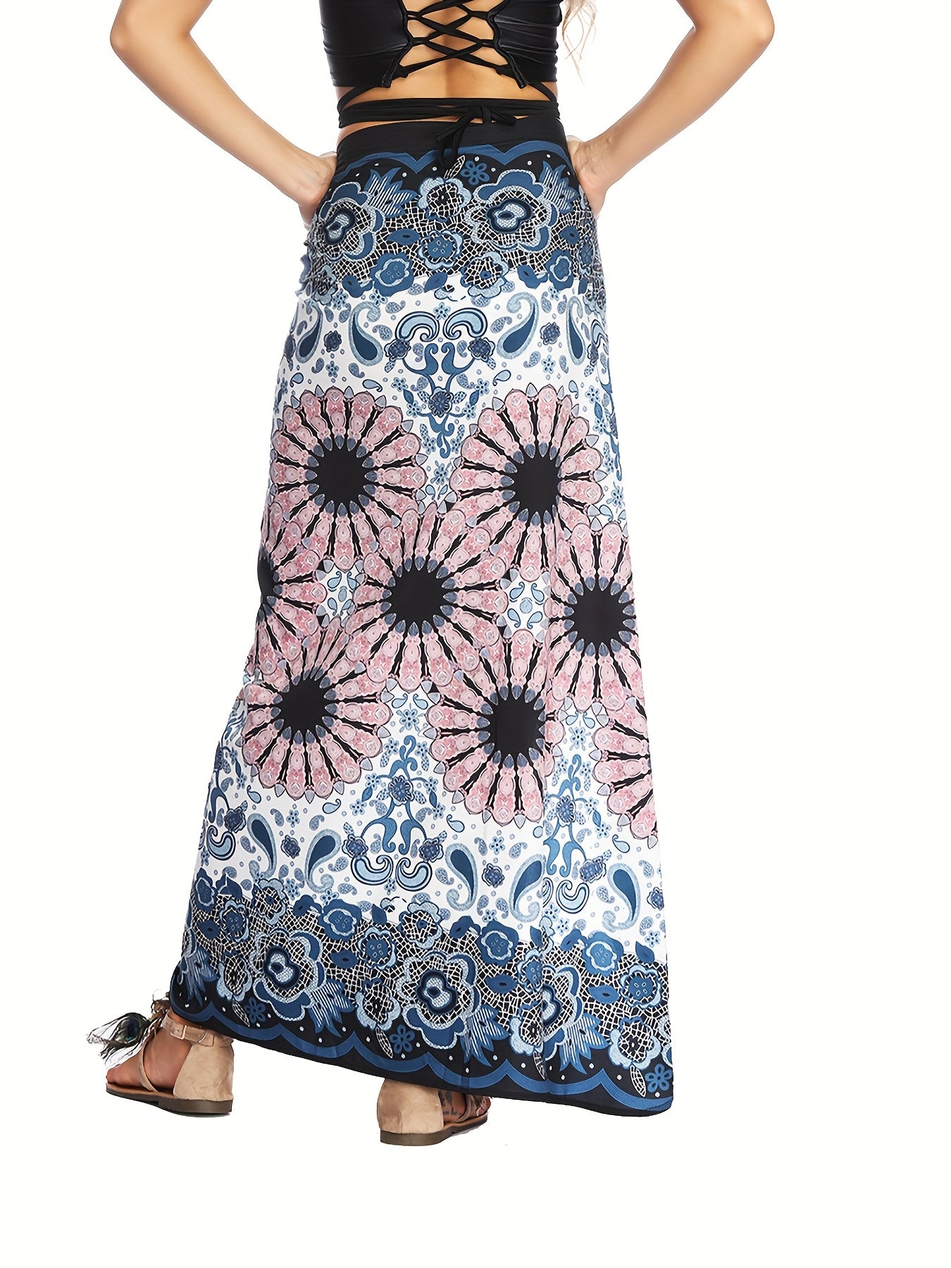 Ethnic Print Split Thigh Skirt Boho High Waist Maxi