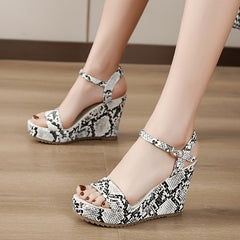 Snakeskin Wedge Sandals Ankle Strap Platform Heel