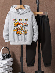 2pcs Truck Print Boys Hoodie & Solid Sweatpants Set