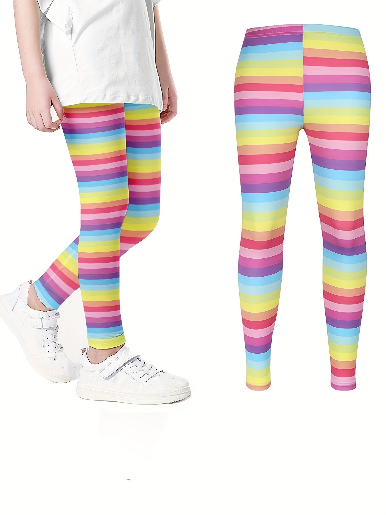 Girls Casual Long Rainbow Stripes Leggings Pants
