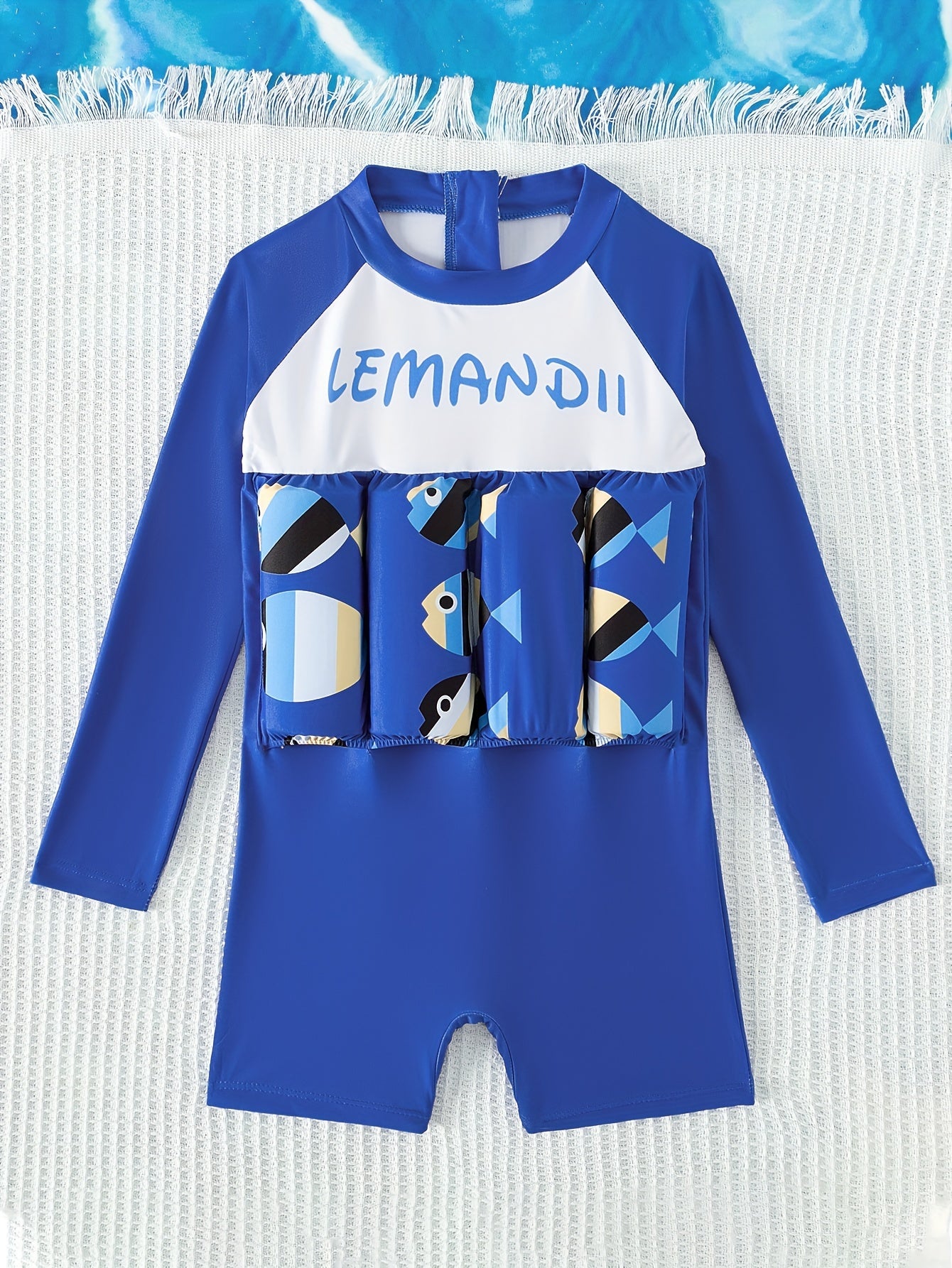 Boys Fish Pattern One Piece Swimsuit Long Sleeve Bathing Suit