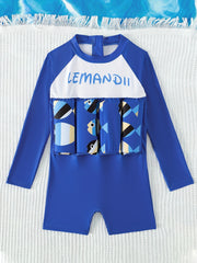 Boys Fish Pattern One Piece Swimsuit Long Sleeve Bathing Suit