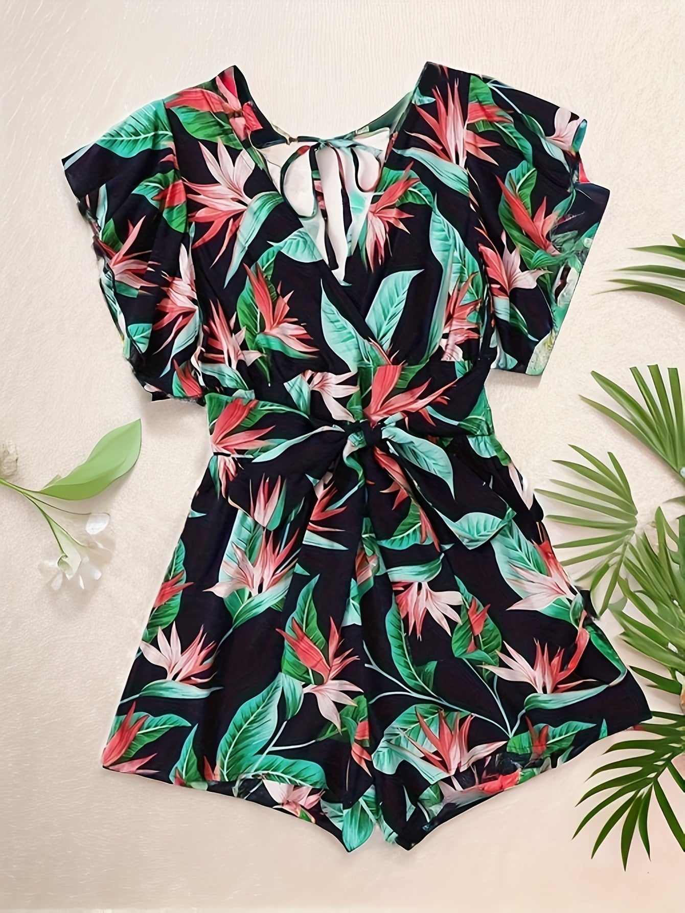 Women's Plus Tropical Print Ruffle Sleeve V Neck Knot Romper
