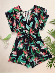 Women's Plus Tropical Print Ruffle Sleeve V Neck Knot Romper