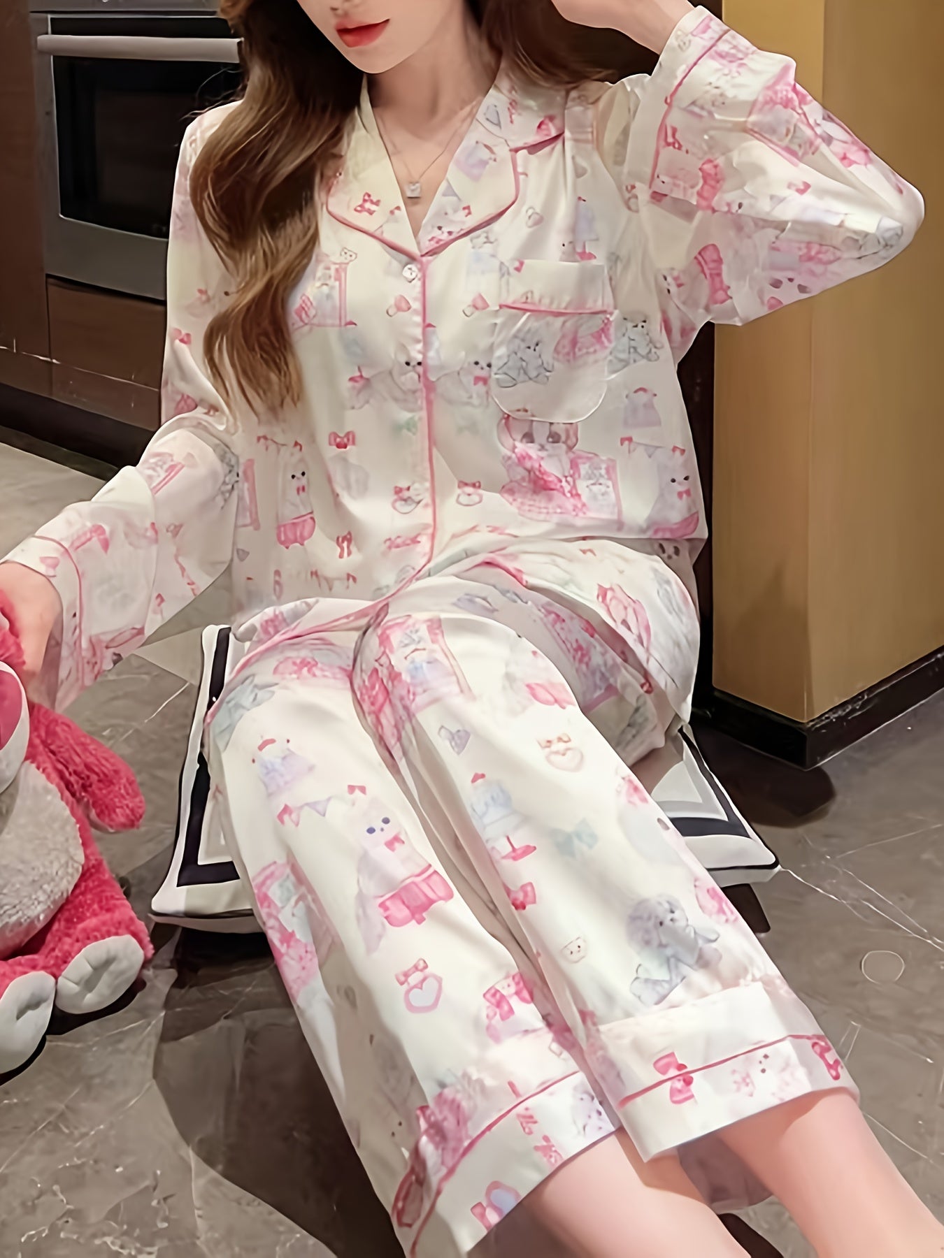 Cartoon Print Pajama Set Long Sleeve Top & Pants Women's Sleepwear