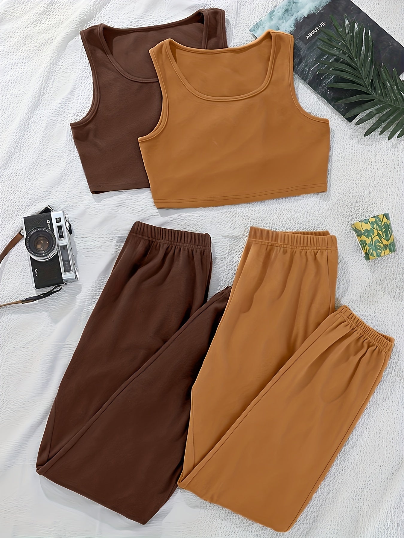 4 Pack Plus Size Basic Pajama Set Women's Plus Solid Crop Tank Top & Joggers