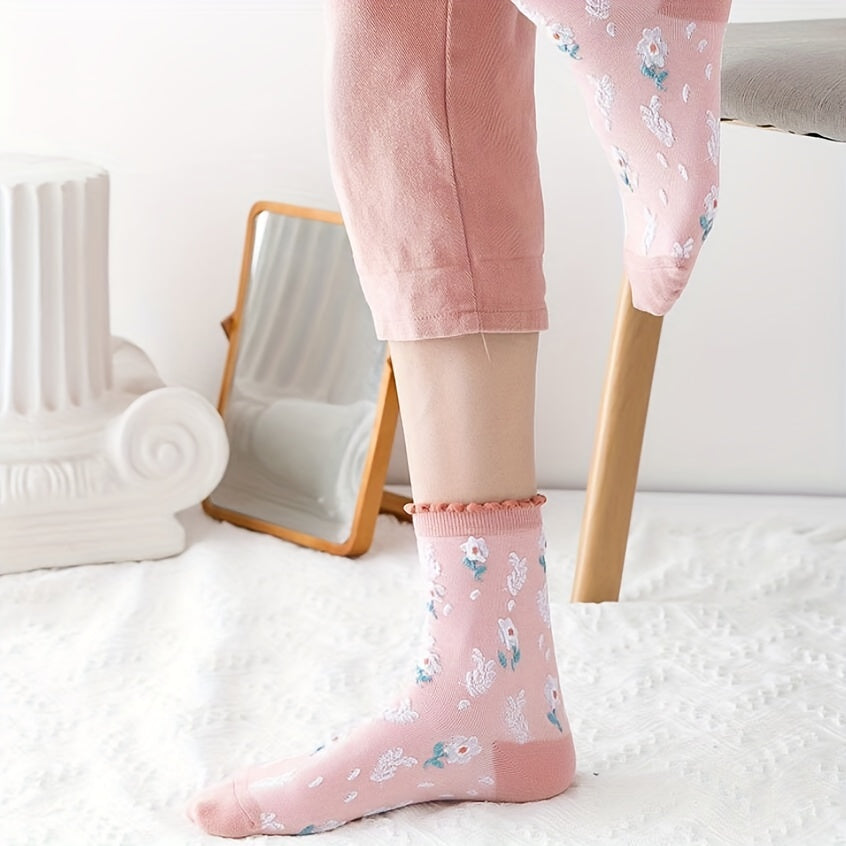 6 Pairs Floral Print Socks Sweet & Mid Tube Socks Women's Stockings