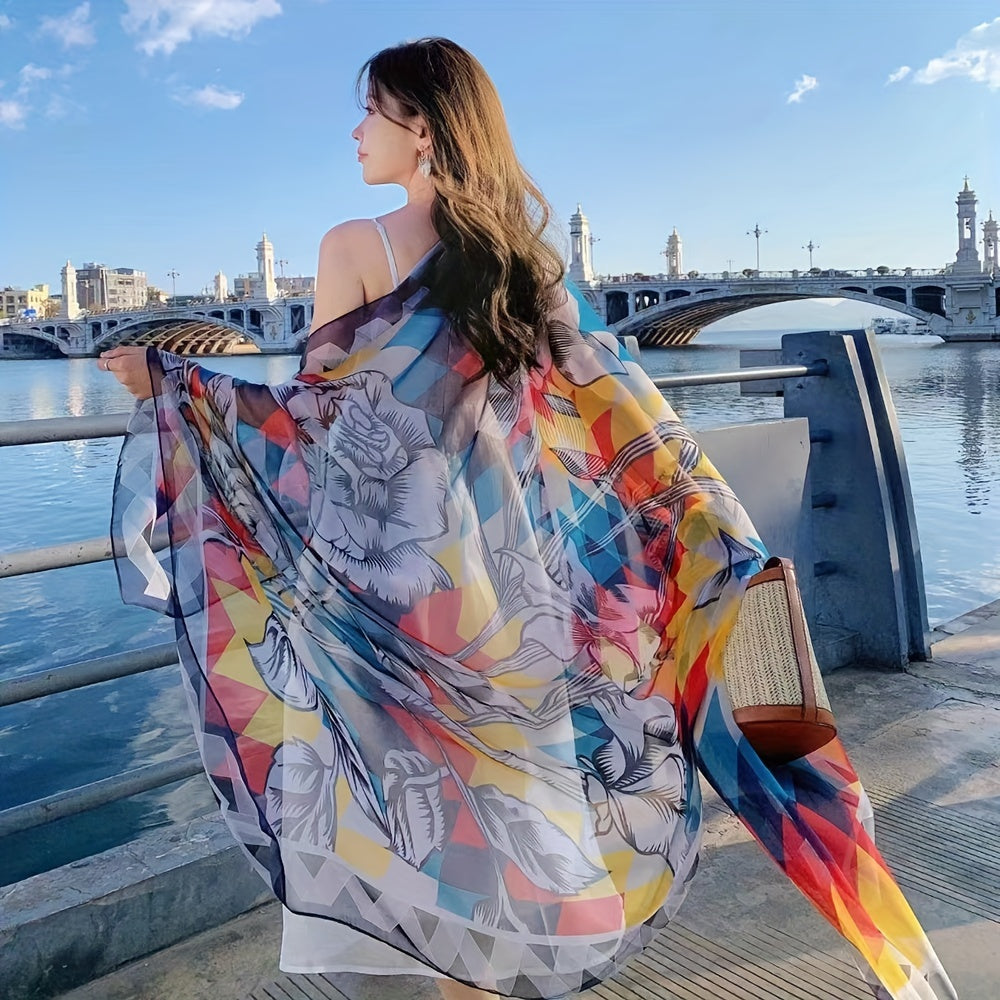 Oversized Floral Print Scarf Geometric Gauze Shawl Wrap