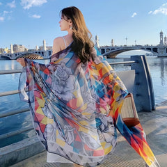 Oversized Floral Print Scarf Geometric Gauze Shawl Wrap