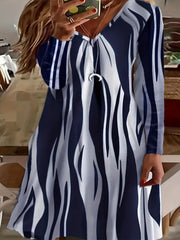 Brush Print Long Sleeve V Neck Dress
