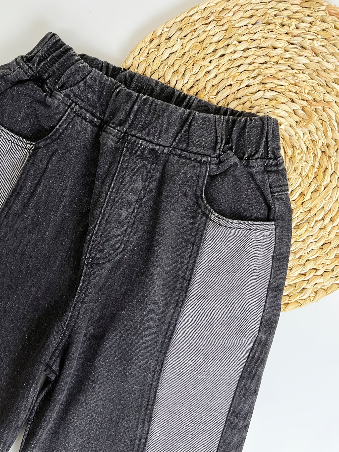 Boys Tapered Jeans Block Elastic Waist Denim Pants Kids Bottoms