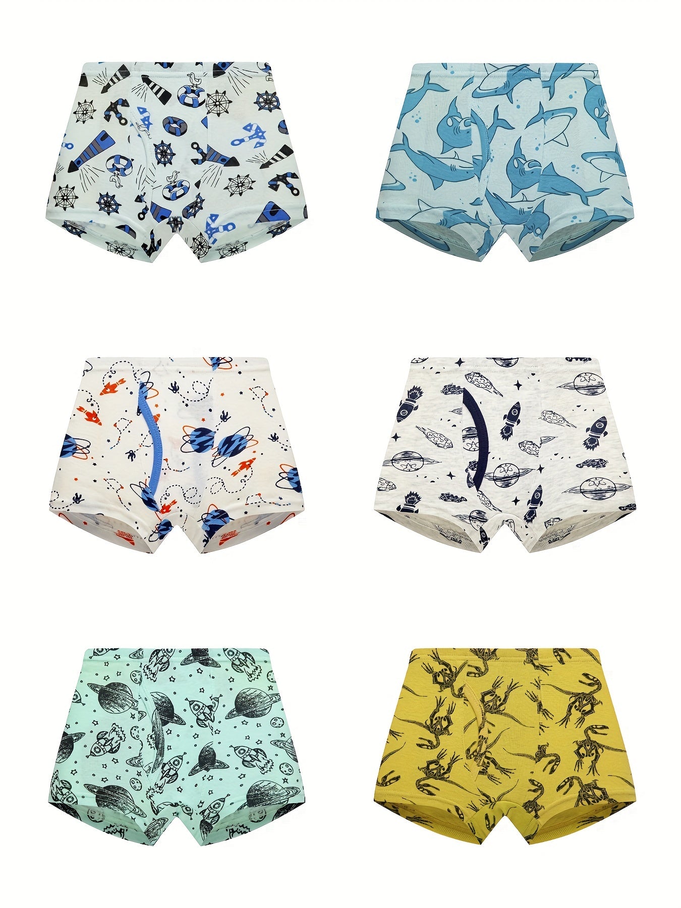 6pcs Boys Boxer Briefs Dinosaur Car Print Soft Comfortable Underwear