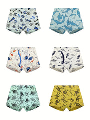6pcs Boys Boxer Briefs Dinosaur Car Print Soft Comfortable Underwear