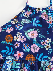 Floral Print Ruffle Trim Halter 2 Piece Set Tankini
