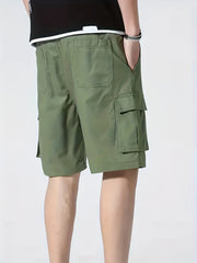 Men's Cotton Cargo Shorts Casual Solid Knee Length Elastic Waist