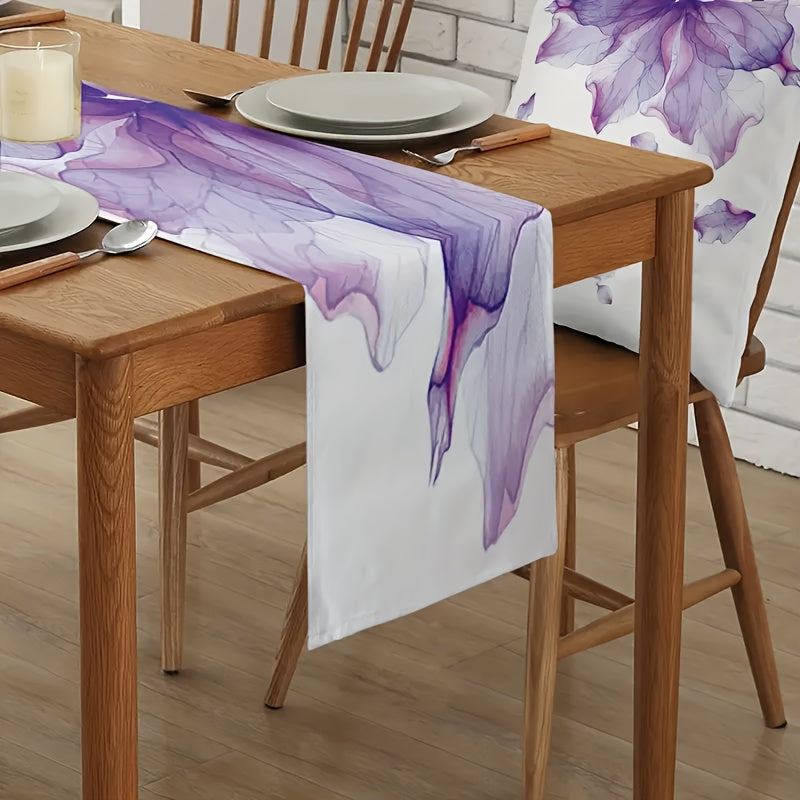 Purple Floral Falling Table Runner 33x72 Inches Linen Burlap Fabric