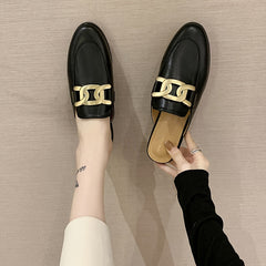 Metal Decor Flat Mules Closed Toe Slip-On Shoes for Women