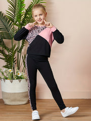 Girls Pink Leopard Colorblock Long Sleeve Sports Suit