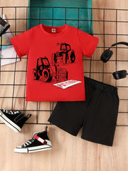 Boy's 2pcs T shirt & Shorts Set Letter Cartoon Print Top Casual Outfits