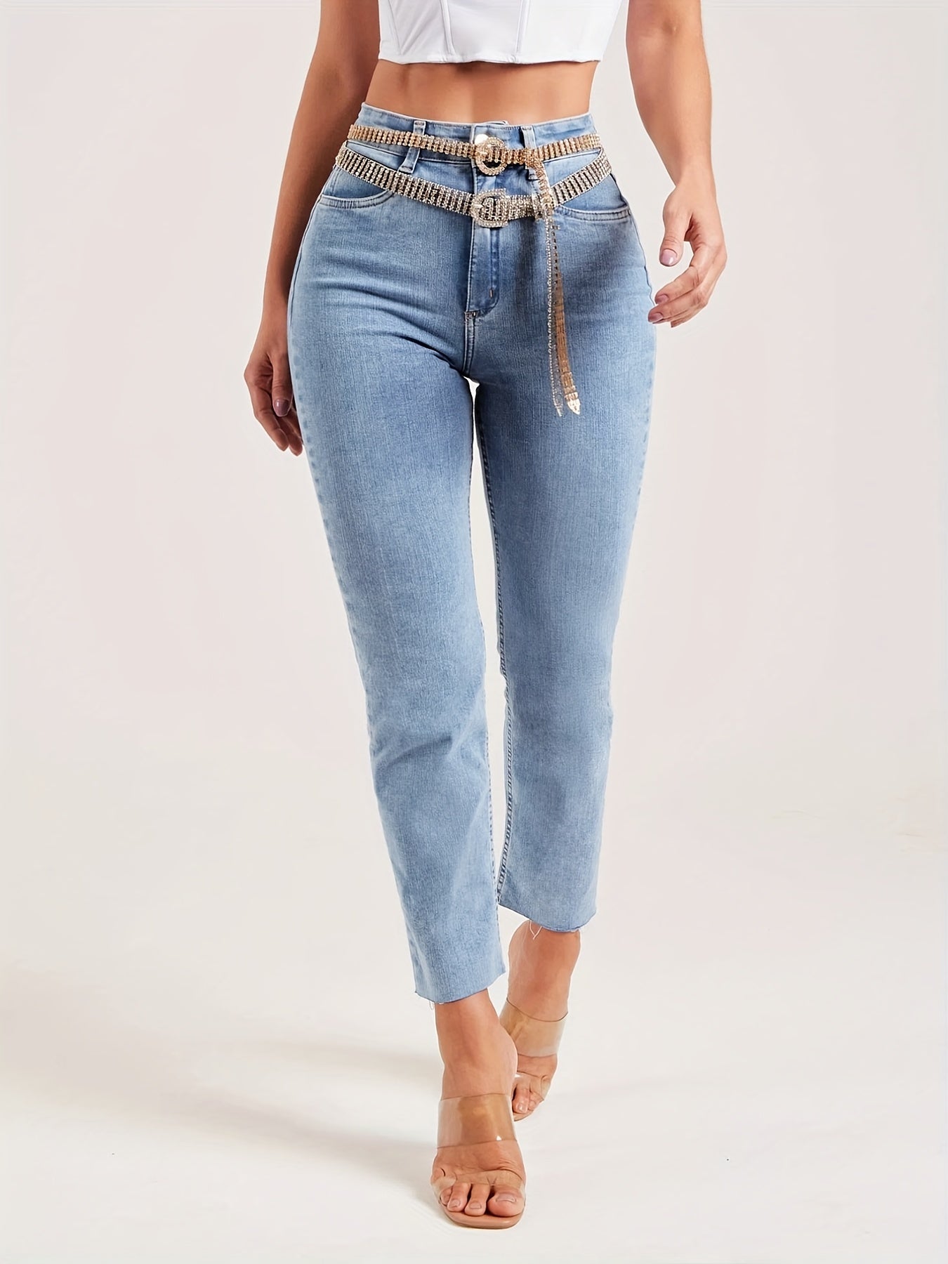 Medium Stretch Slim Fit Cropped Jeans Solid Washed Denim Pants