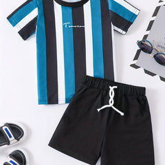 Boys Striped Casual Outfit Round Neck T shirt & Shorts For Summer Kids Clothes