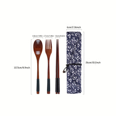 Japanese Style Wooden Flatware Set with Retro Cloth Pouch