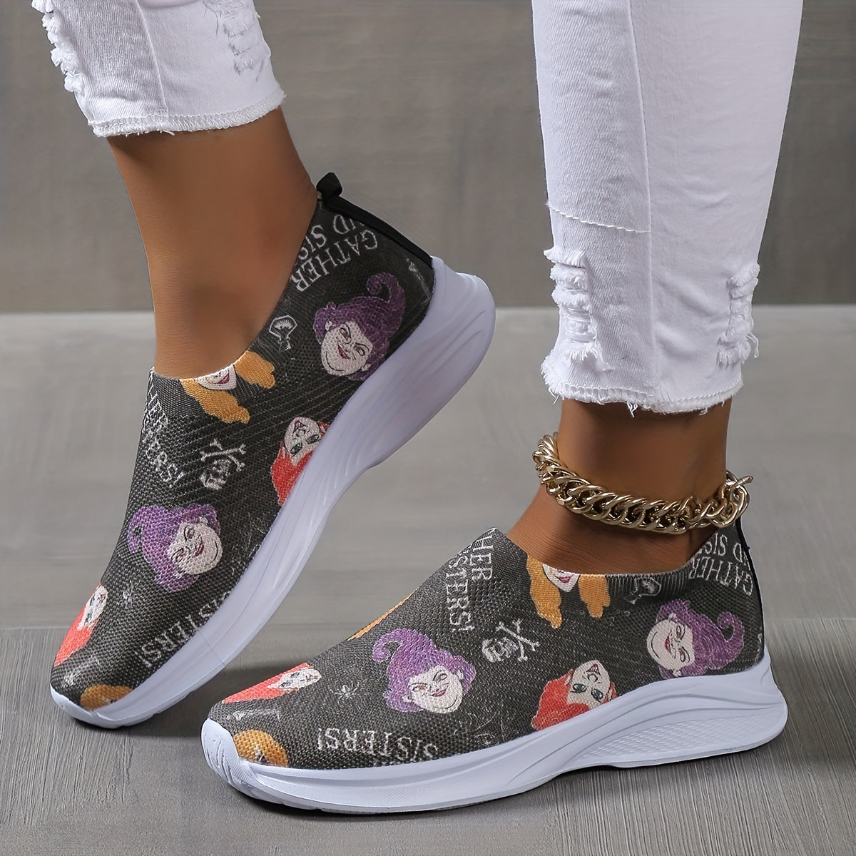 Halloween Witch Pattern Soft Thick Sole Shock Absorption Elastic Woven Shoes