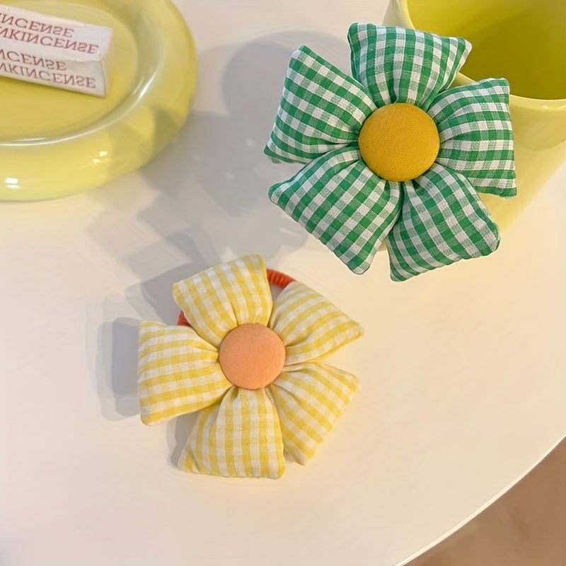 Girls Sun Flower Head Rope Plaid Fabric Hair Tie