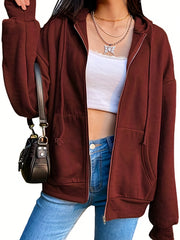 Women's Zip Up Solid Hoodie Long Sleeve Casual Sweatshirt