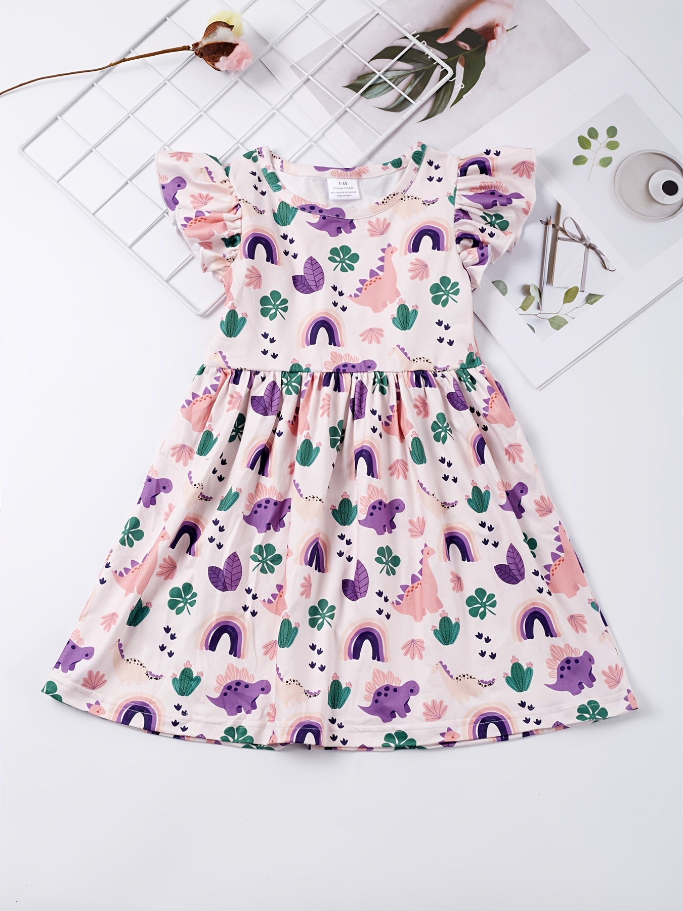 Girls Ruffled Sleeves Crew Neck Easter Bunny Graphic Princess Dress