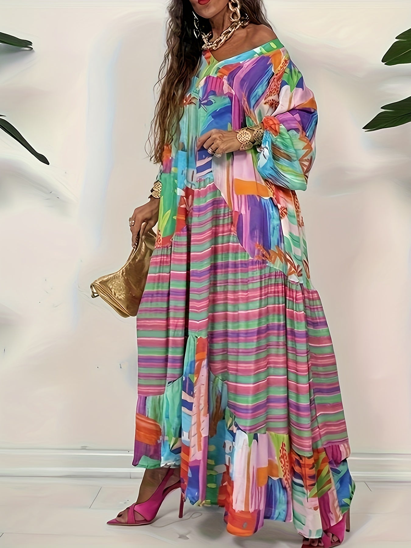 Patchwork Print Lantern Sleeve V Neck Maxi Dress