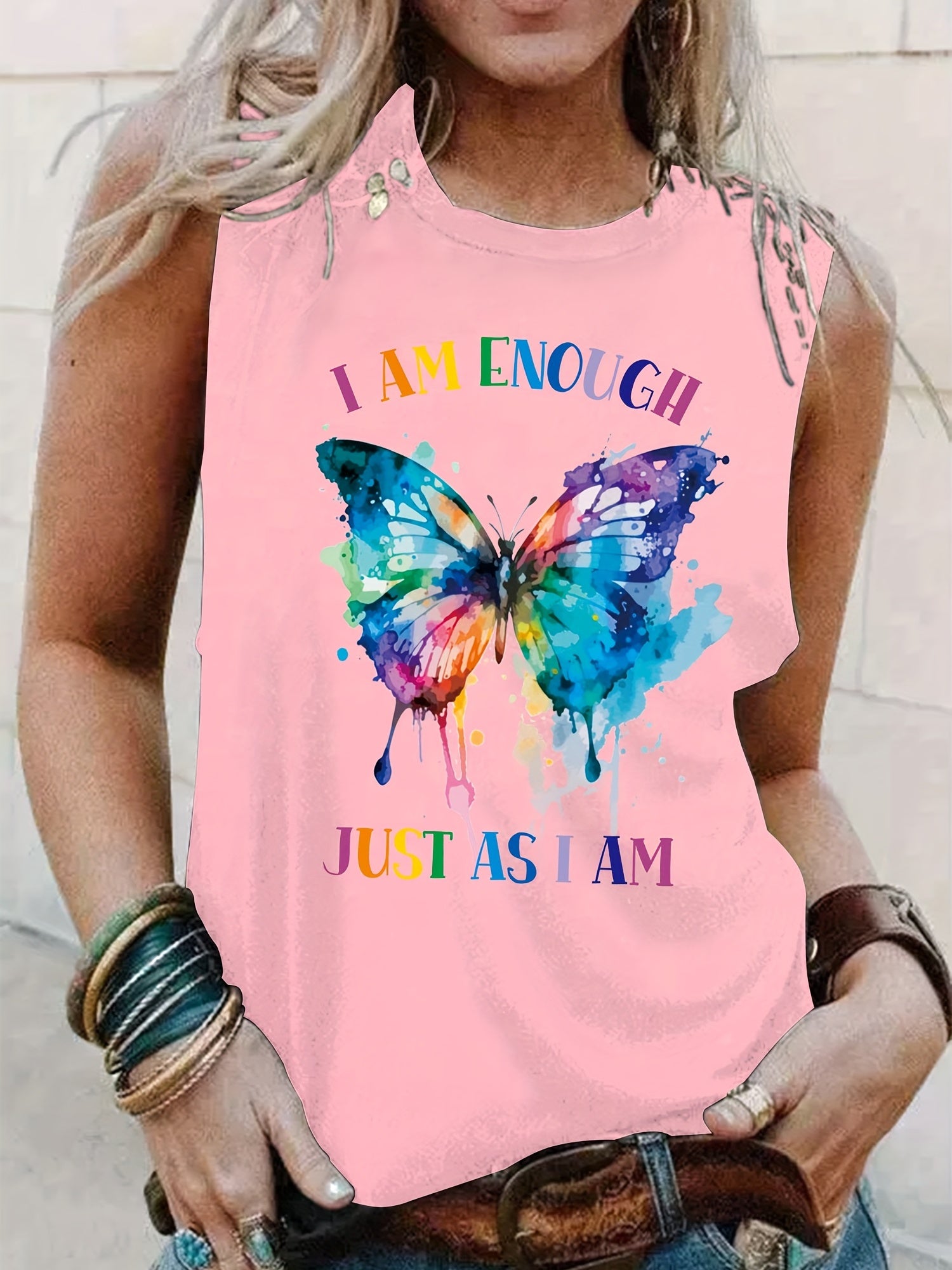 Butterfly Print Tank Top Sleeveless Crew Neck Casual Top