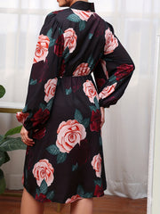 Casual Dress Women's Plus Floral Print Lantern Sleeve V Neck Dress