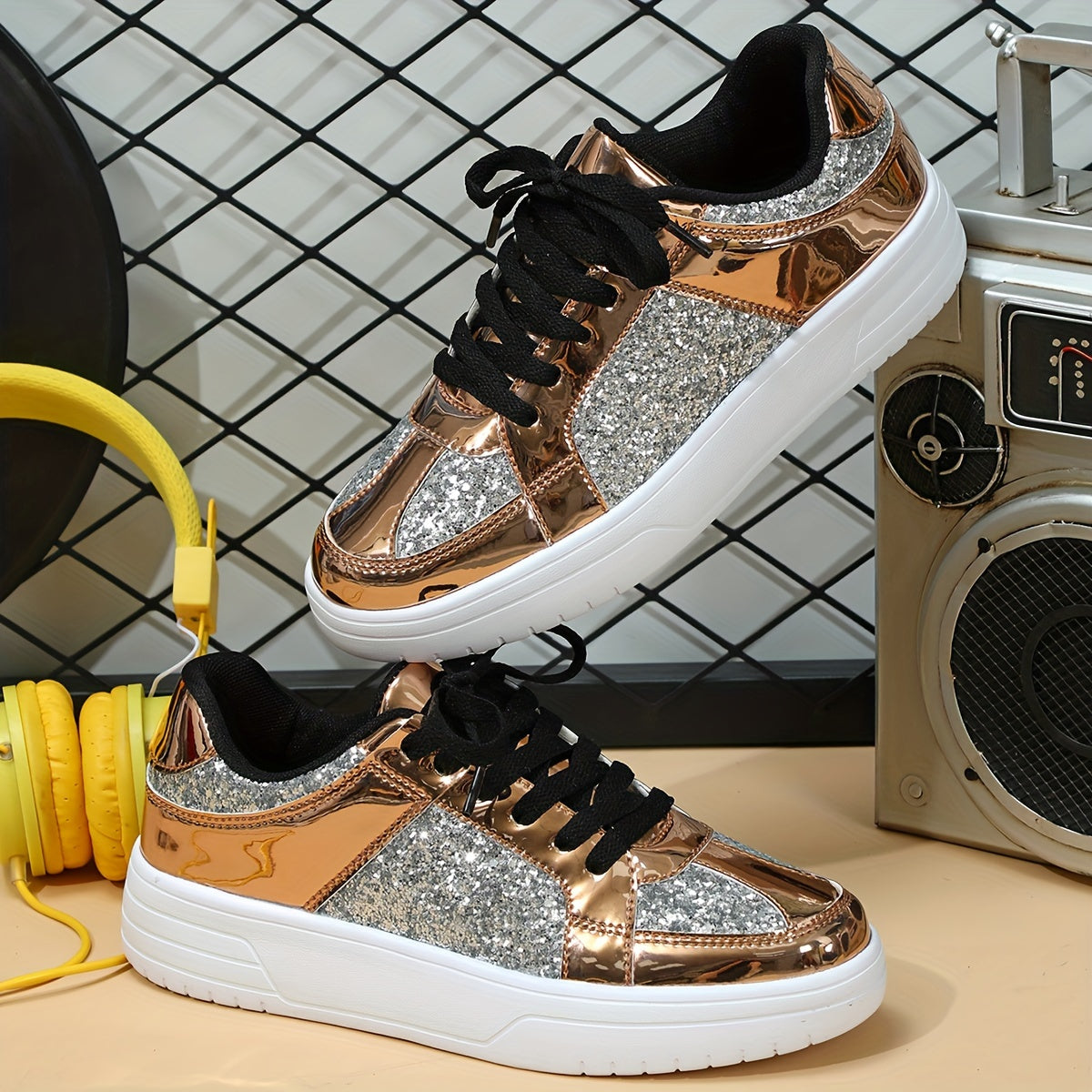 Glitter Reflective Faux Leather Skate Shoes