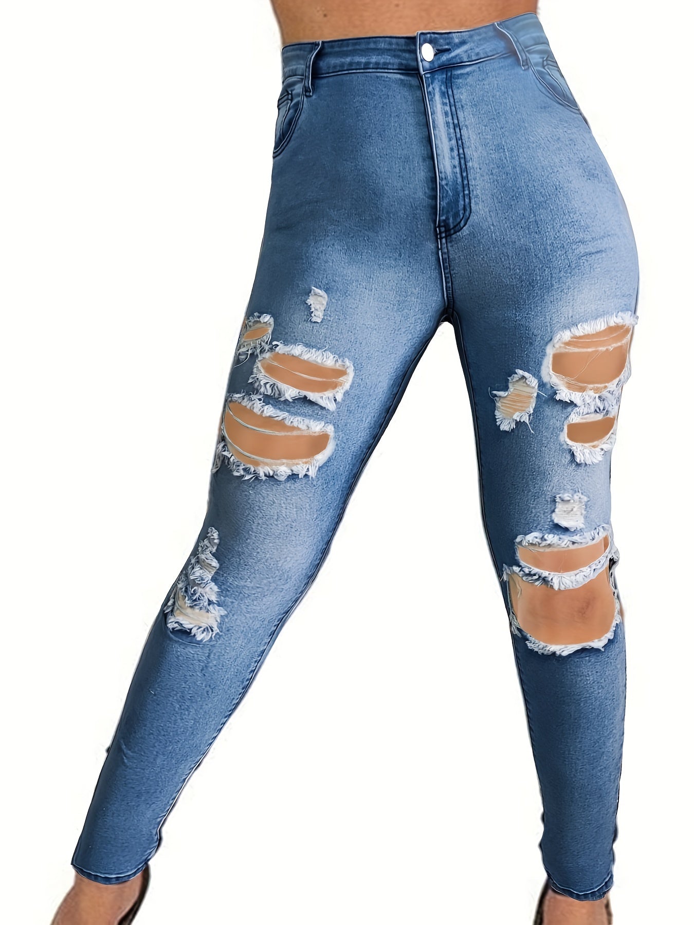 Plus Ripped High Rise Button Fly Skinny Jeans