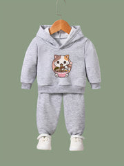 Cartoon Cat & Ramen Print Hoodie & Pants Set - Girl's Sporty Clothes