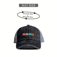 MAMA Embroidery Ponytail Baseball Cap Ripped Washed Distressed Sun Hat