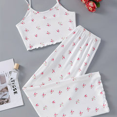 Floral Print Lounge Set Crew Neck Cami Top & Pants