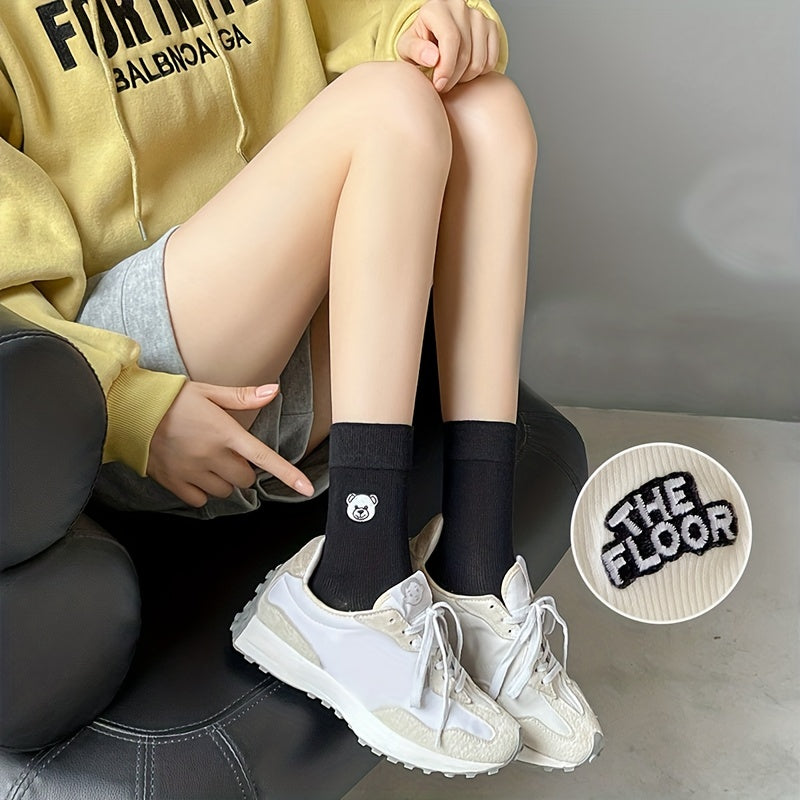 5 Pairs Cartoon Bear Embroidered Socks Women's Stockings